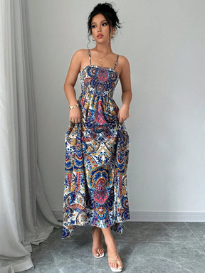 Vestido Longo Estampado Boho com Alças Finas e Cintura Ajustada