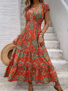 Vestido Longo Estampado com Decote em V